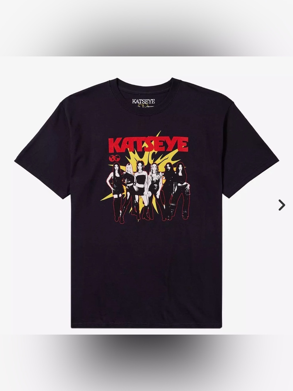 Hot Topic Black Tee with Red and Yellow Katseye Graphic